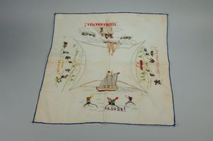 Image of Embroidered square with MacMillan-Moravian school, church, and schooners
